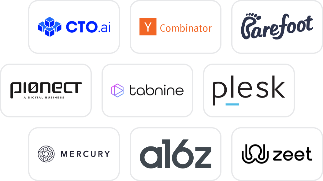 A grid of partner logos (CTO.ai, Y Combinator, Barefoot, Pionect - A Digital Business, Tabnine, Plesk, Mercury, a16z, Zeet)