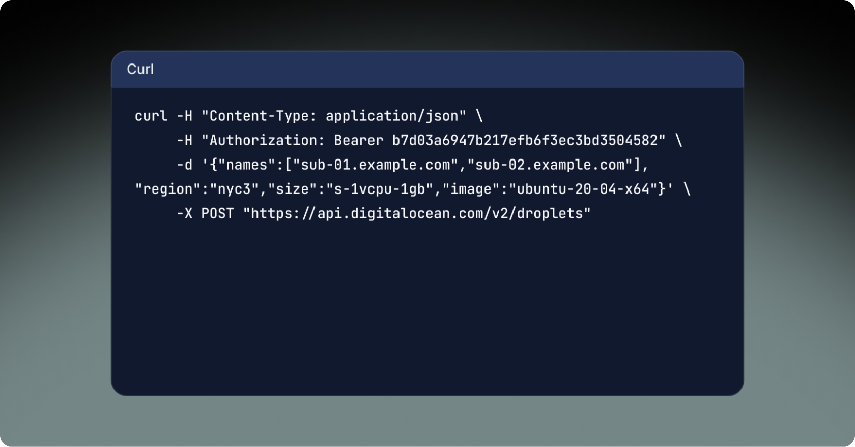 curl POST request to the DigitalOcean API droplets endpoint creating two Droplets