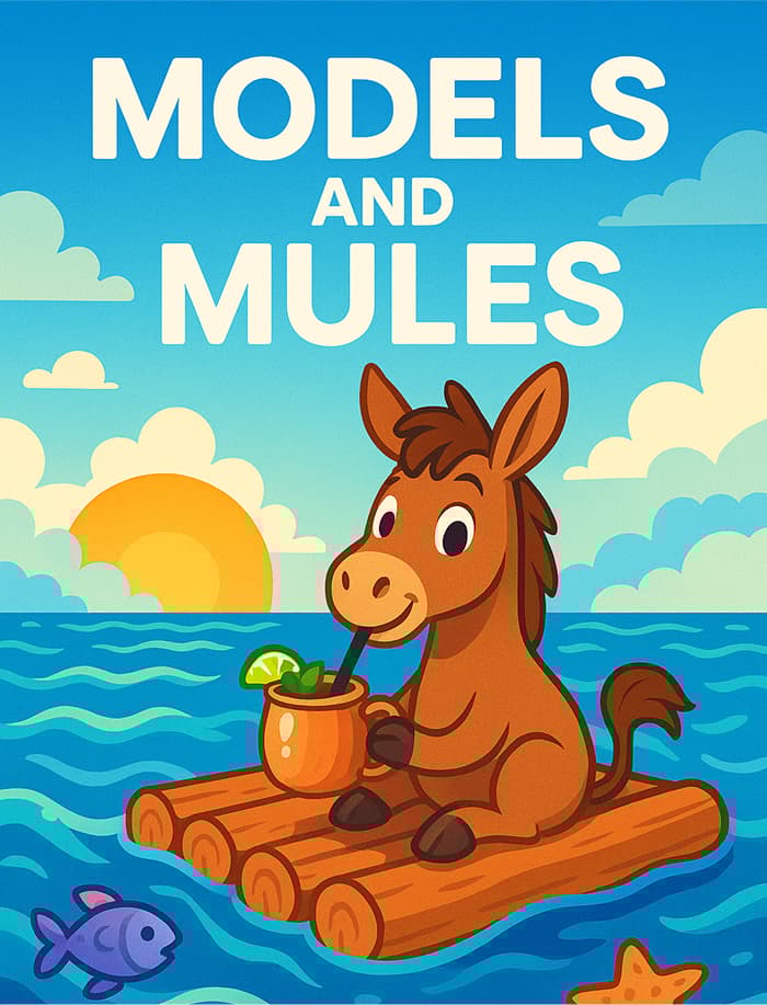 Mule sitting on a wooden raft drinking a mule with the text Models and Mules Above