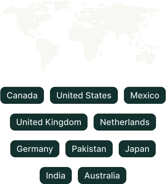 Digital world map, with cities highlighted: Canada, United States, Mexico, United Kingdom, Netherlands, Germany, Pakistan, India, Japan, and Australia.