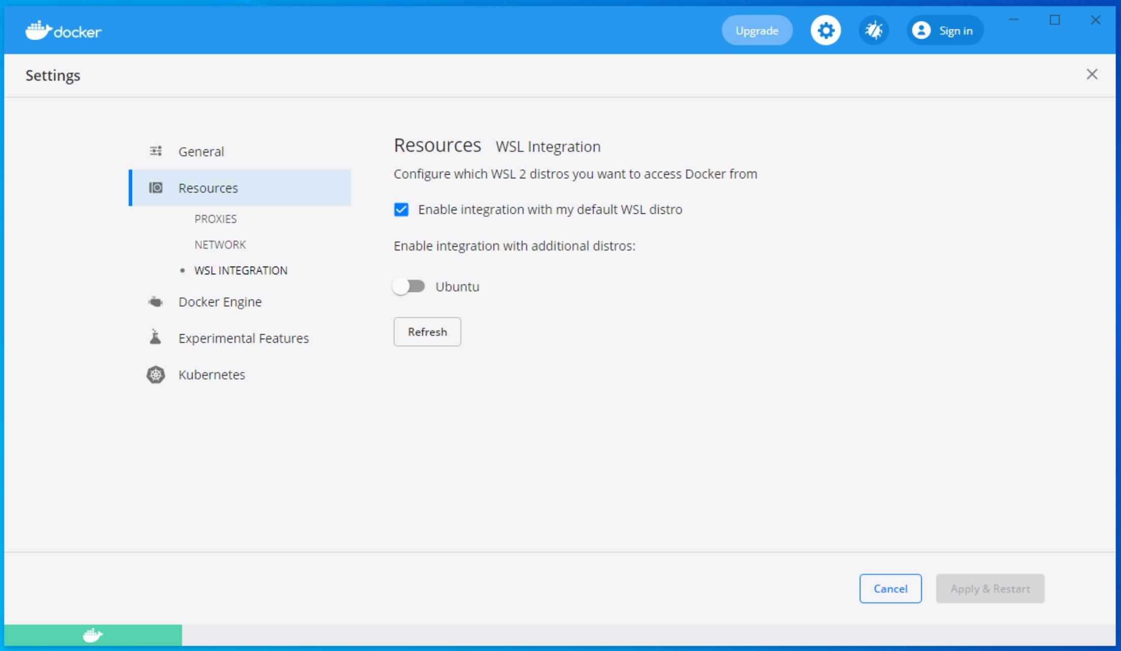 Go to Settings, select Resources, and select WSL Integration. You'll see your WSL Ubuntu there, not selected