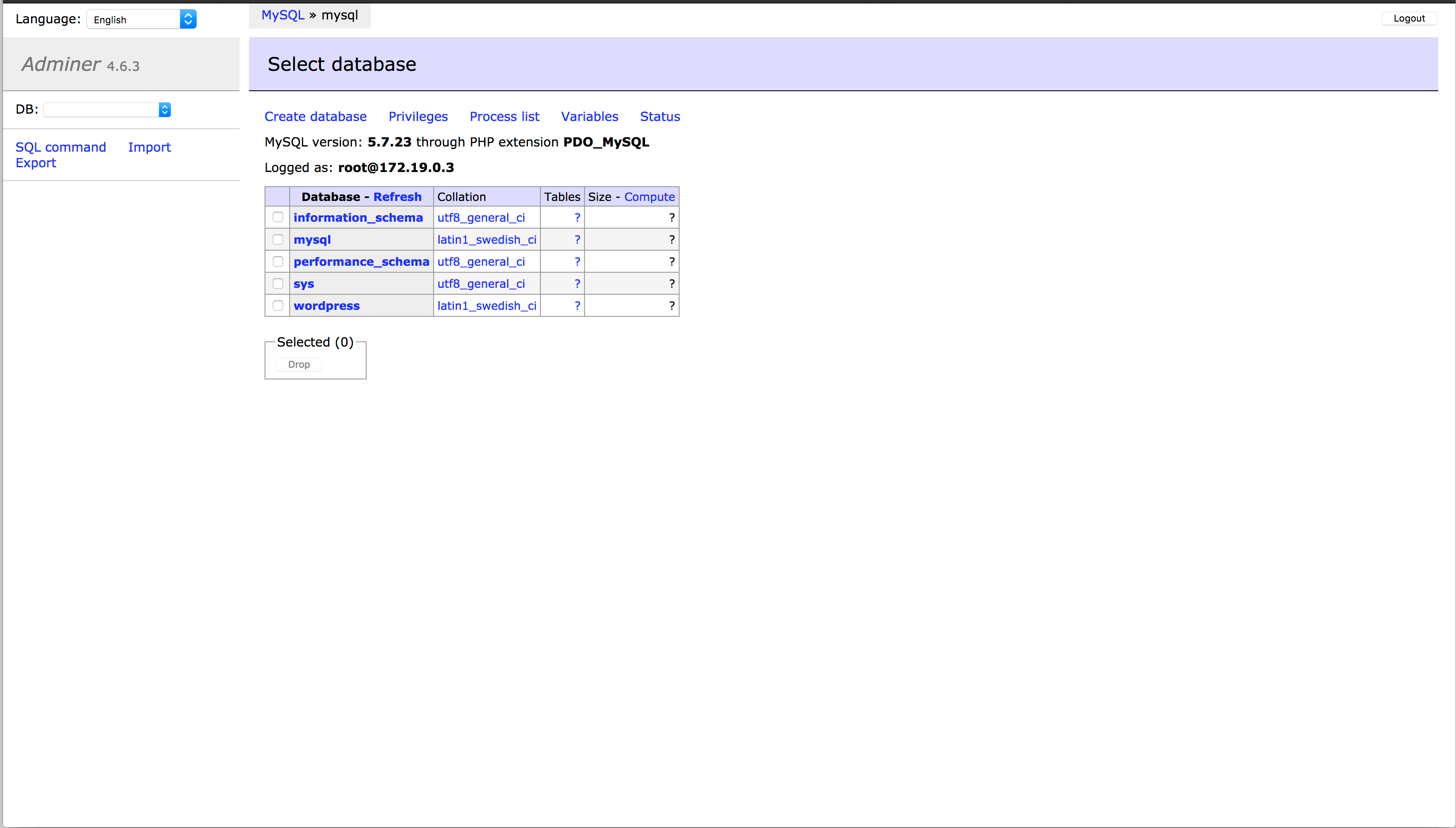 Adminer conectado a la base de datos de MySQL
