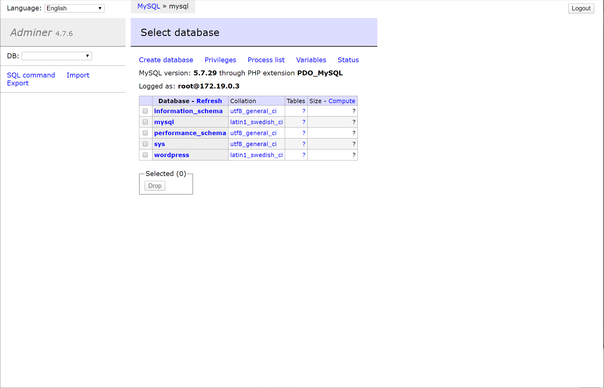 Adminer connected to the MySQL database