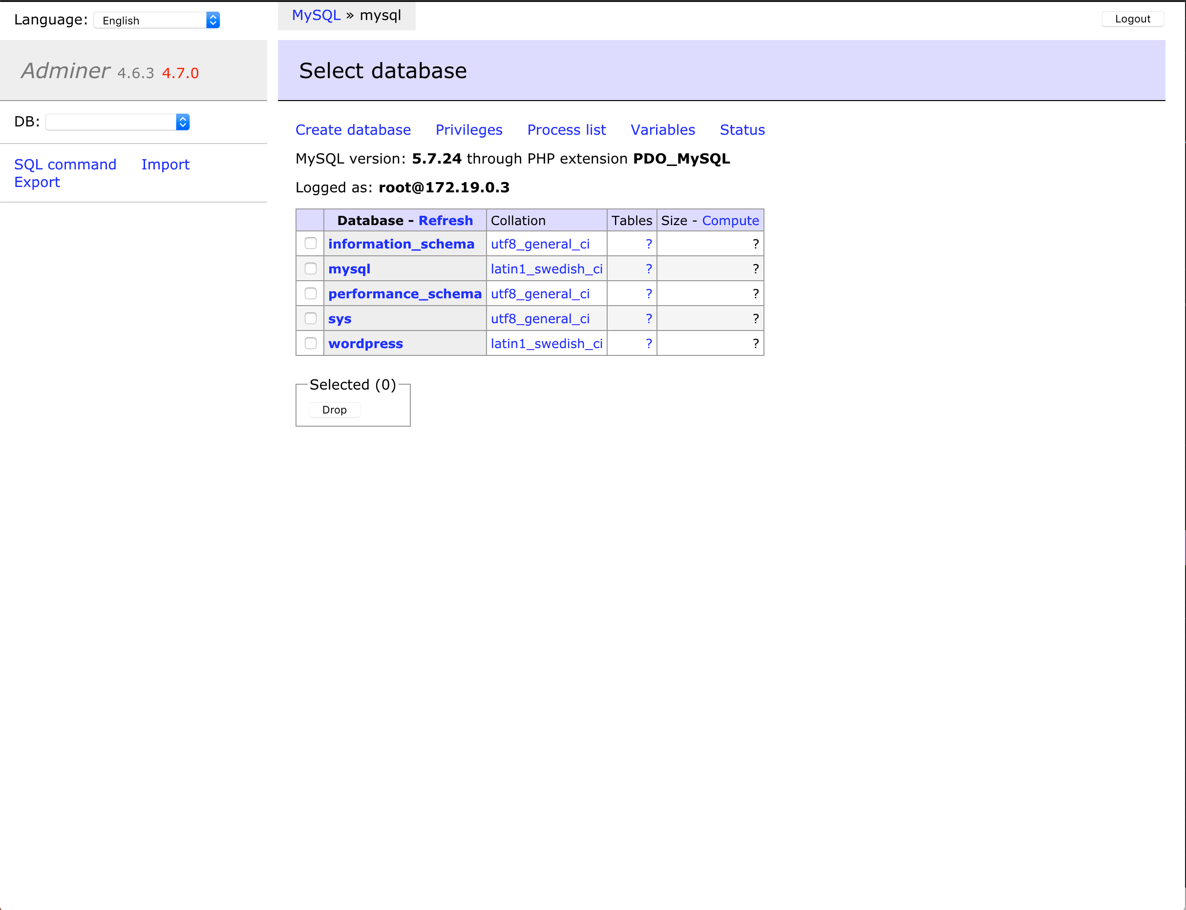 Adminer connected to the MySQL database