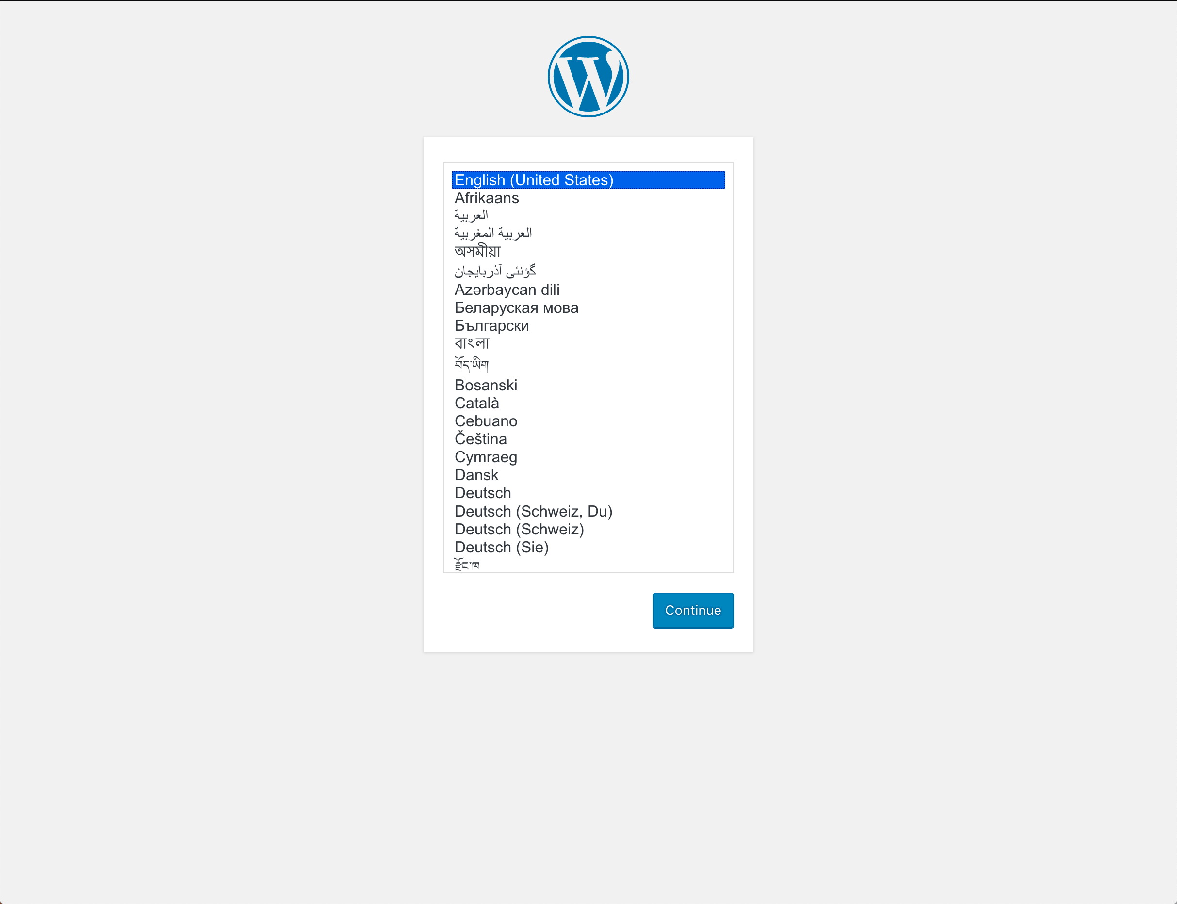 WordPress setup screen