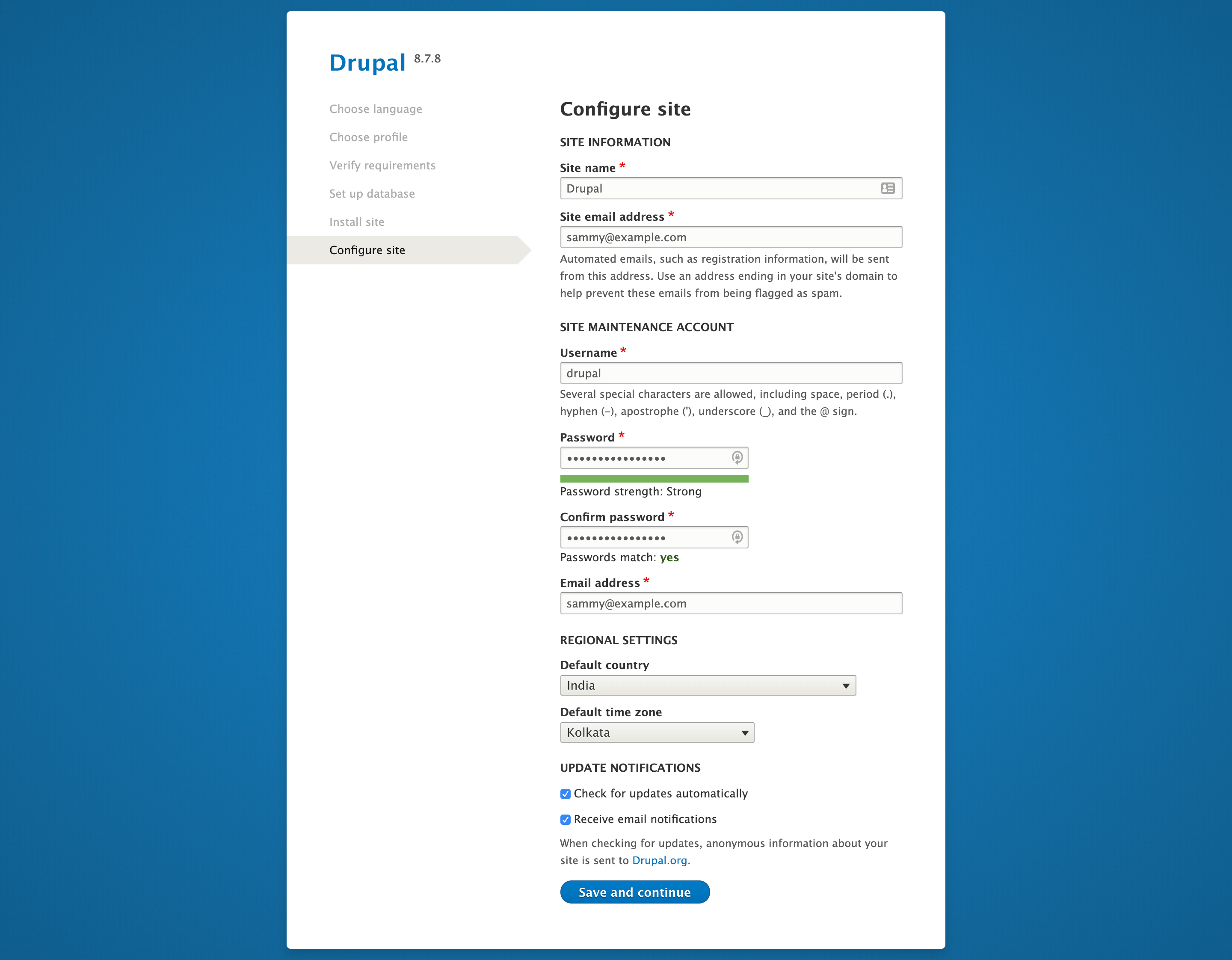 Configure site page on Drupal web interface