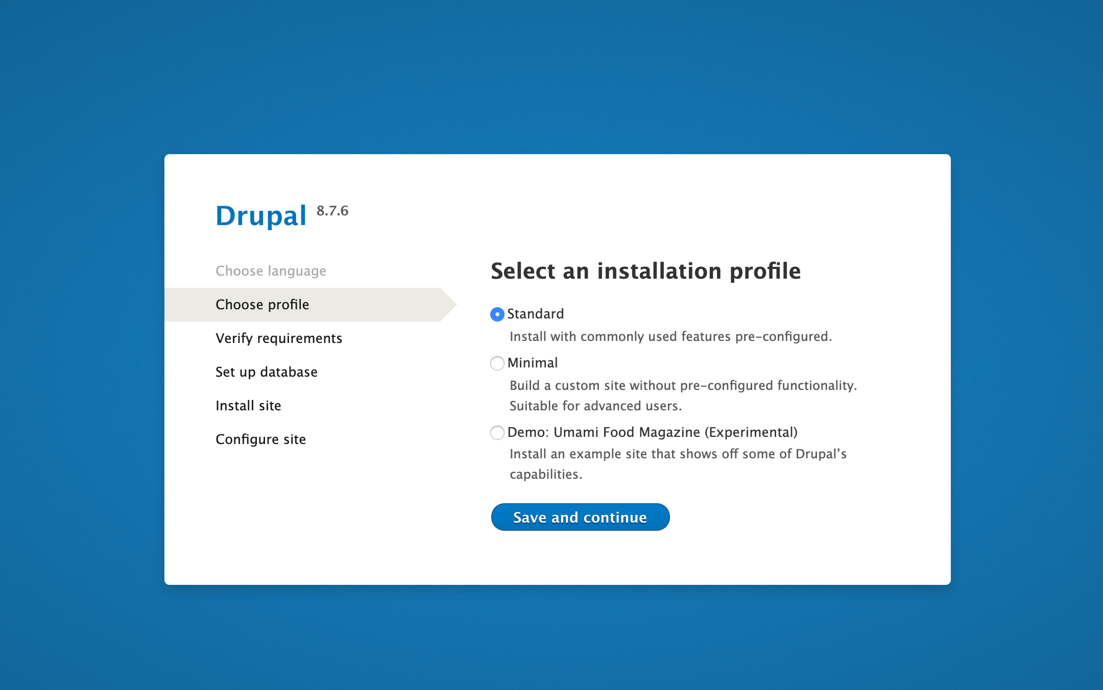 Choose profile page on Drupal web interface