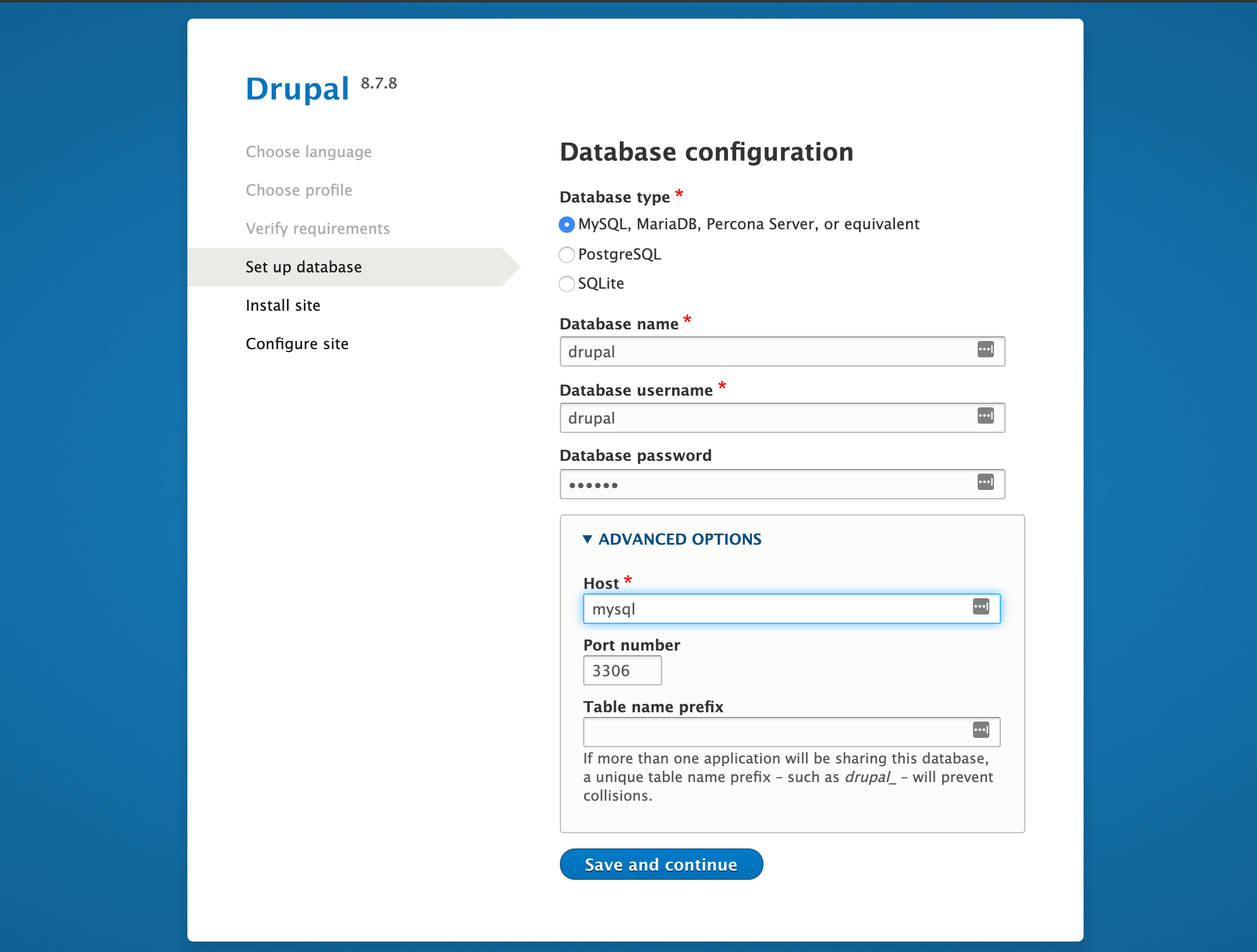 Set up database page on Drupal web interface