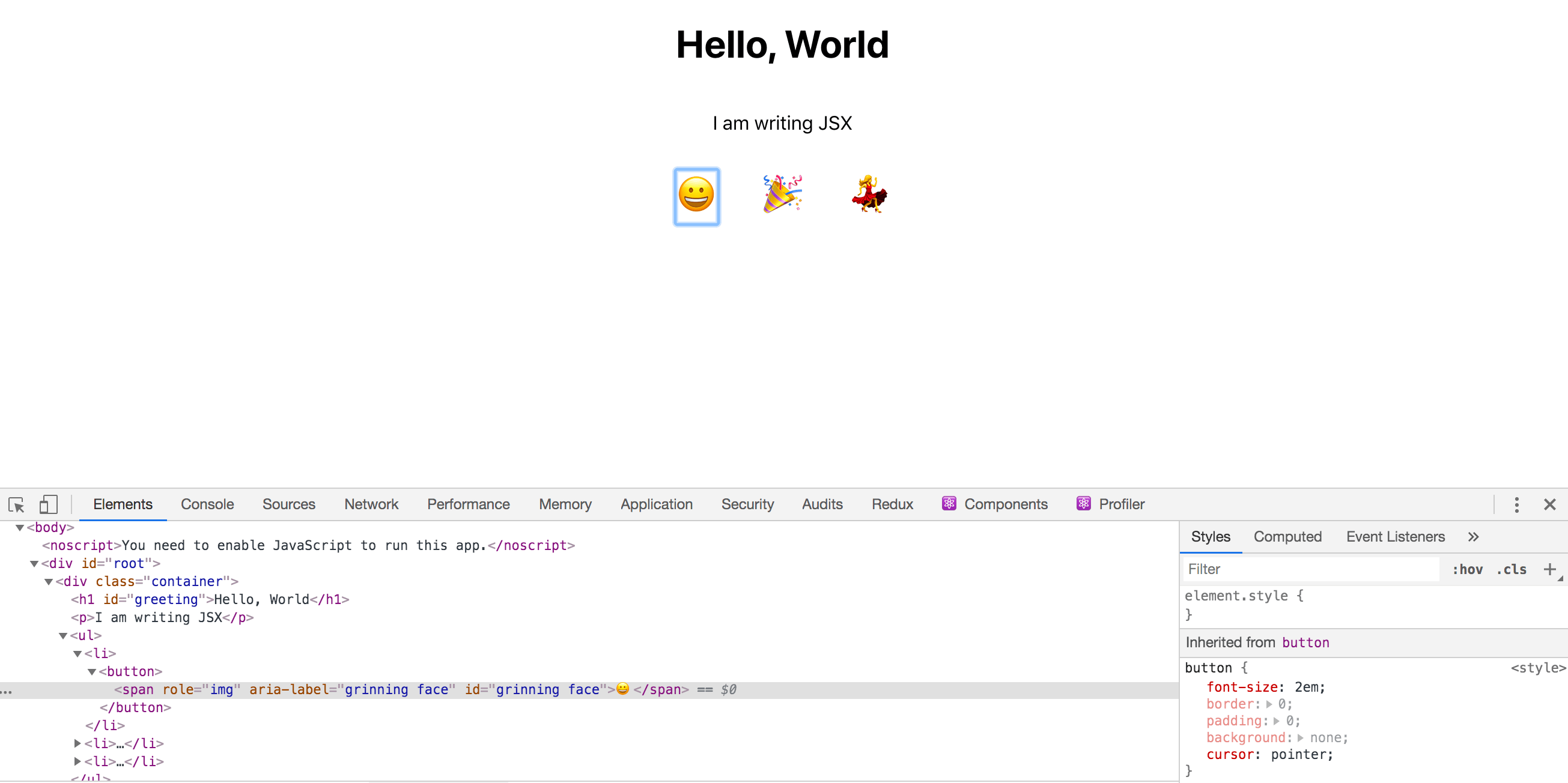 Browser mit Entwickler-Tools, die das aktualisierte HTML ohne key-Props zeigen