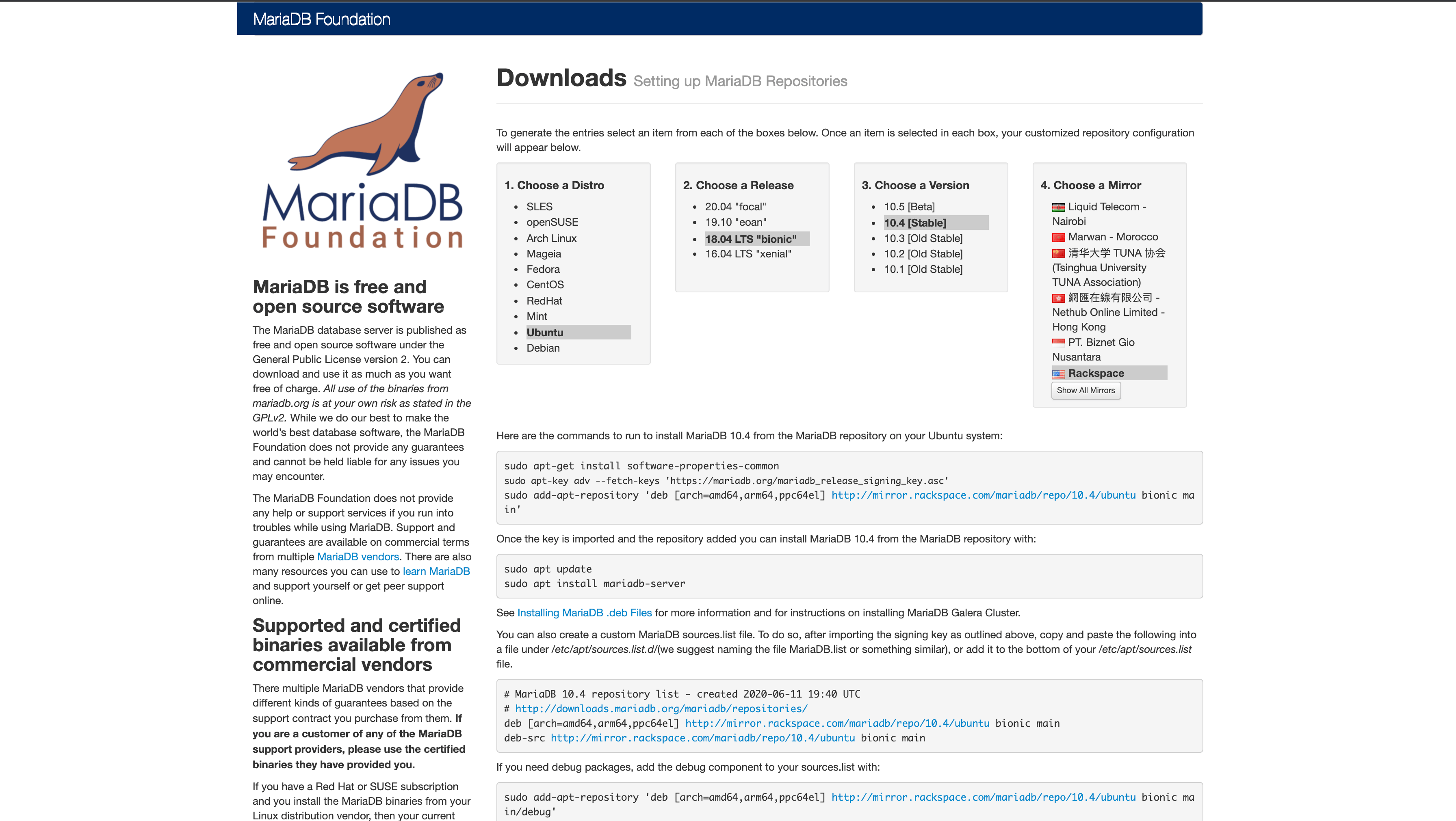 MariaDB repo wizard