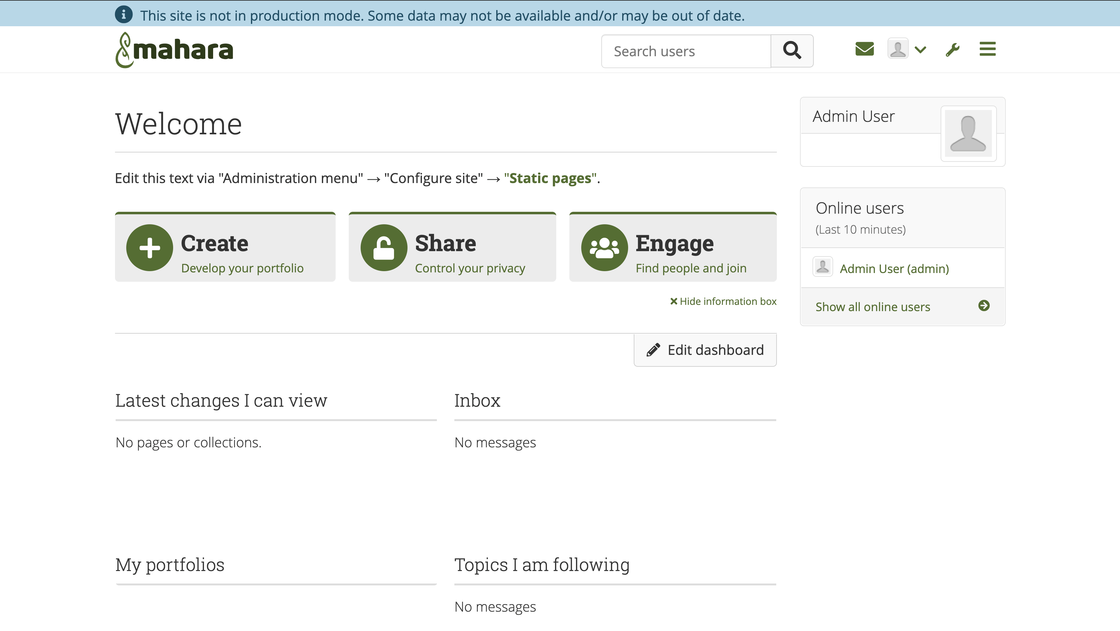 Mahara Welcome Screen
