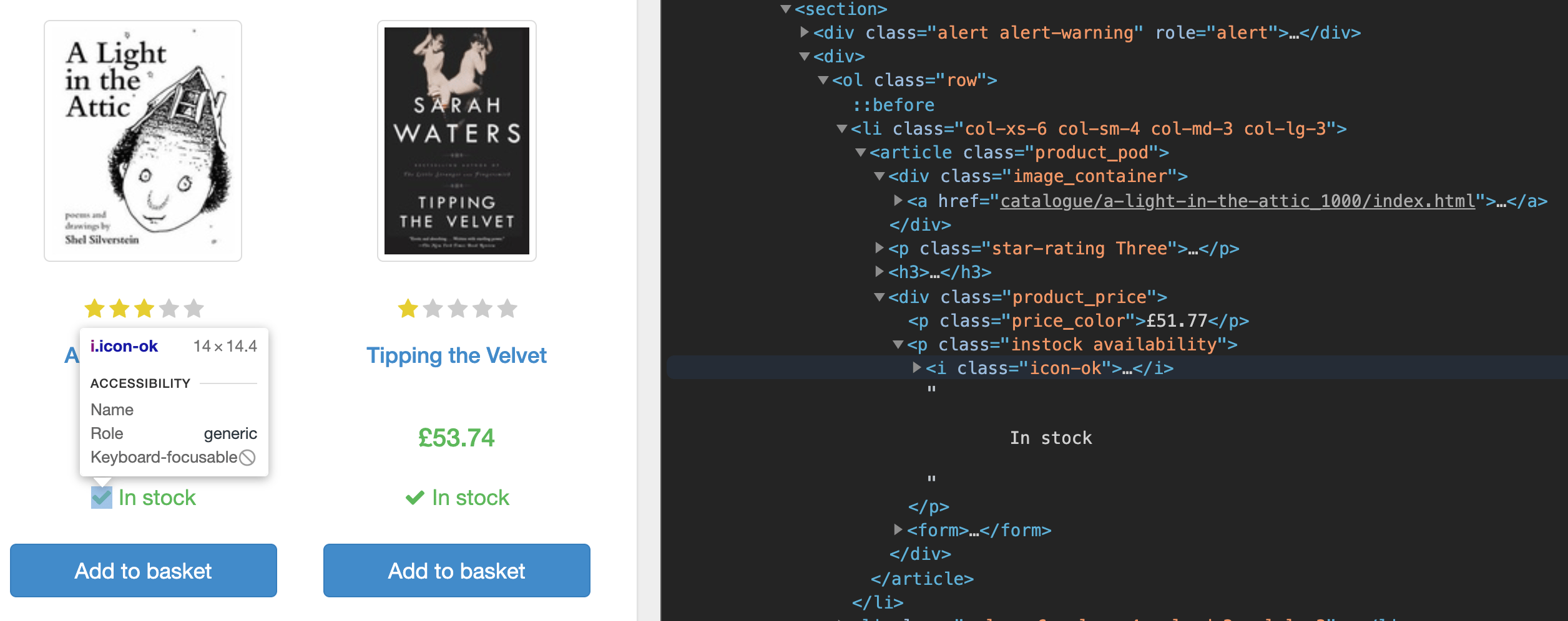 books.toscrape source code viewed in dev tools