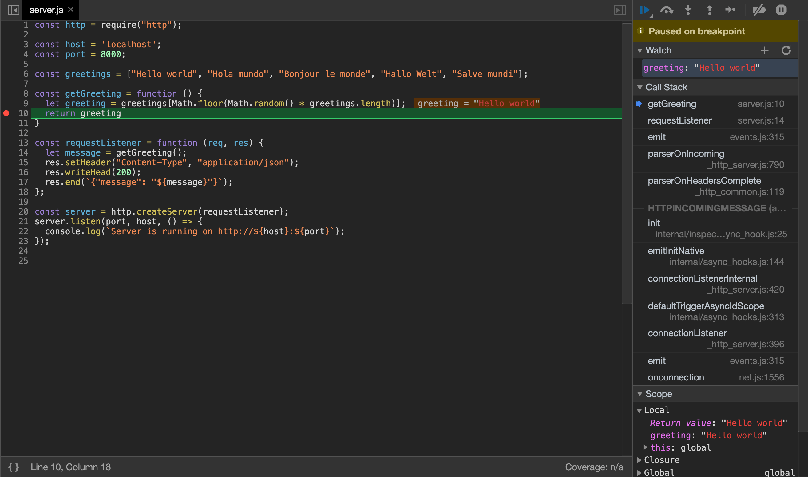 Screenshot of the program's execution paused in Chrome