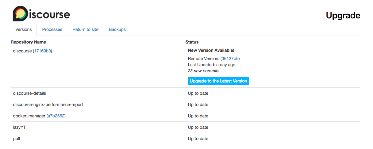 Discourse upgrade admin upgrade page