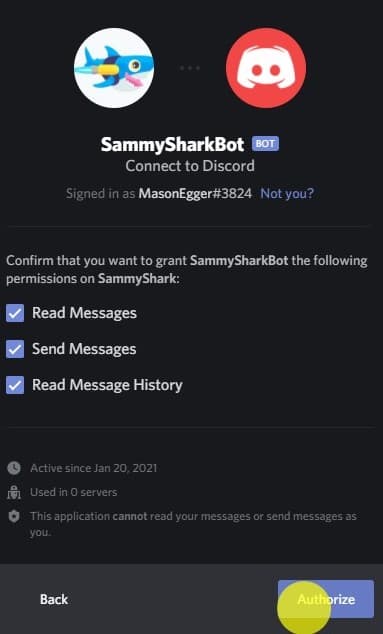 Authorize bot permissions