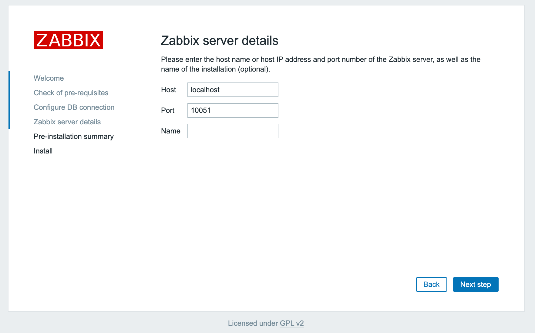 Detalles del servidor Zabbix