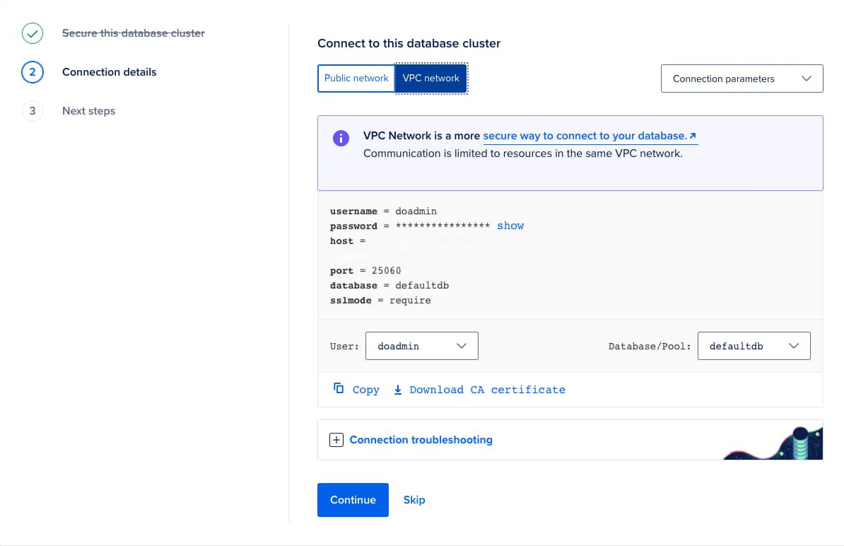 Create database - VPC network