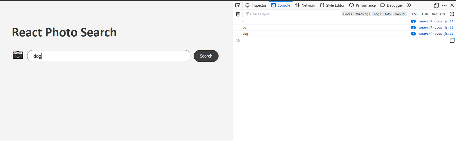 Browser console demonstrating the logging of the user input for this application.