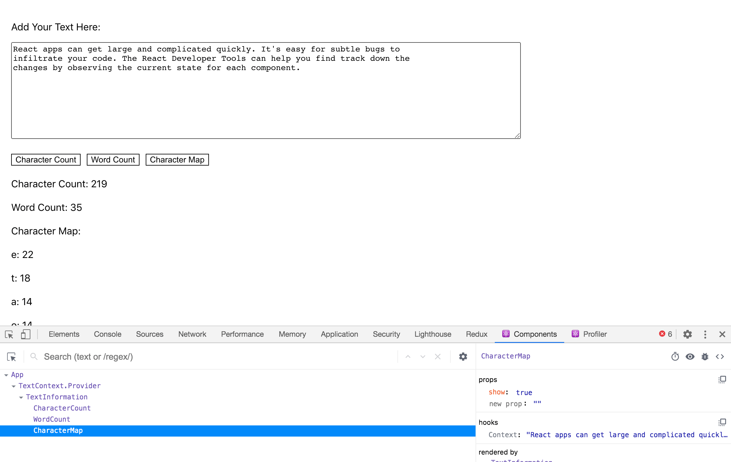 CharacterMap Component in React Developer Tools