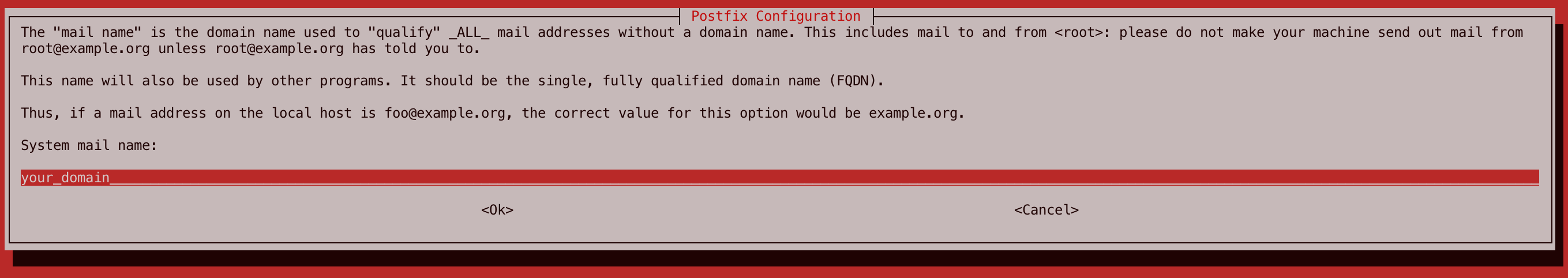 Enter your domain name, then press TAB to select <Ok>, ENTER