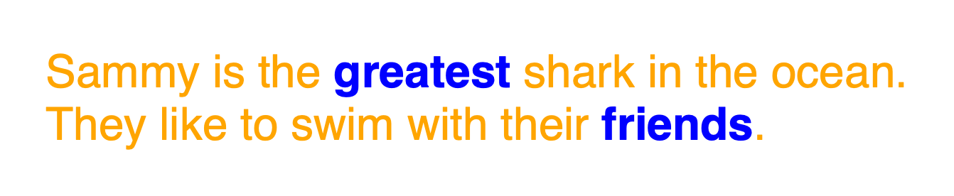 The text in both sentences on the about page are now rendered orange and in a sans serif font, except for the text in both <strong> tags, which remains blue and bold.