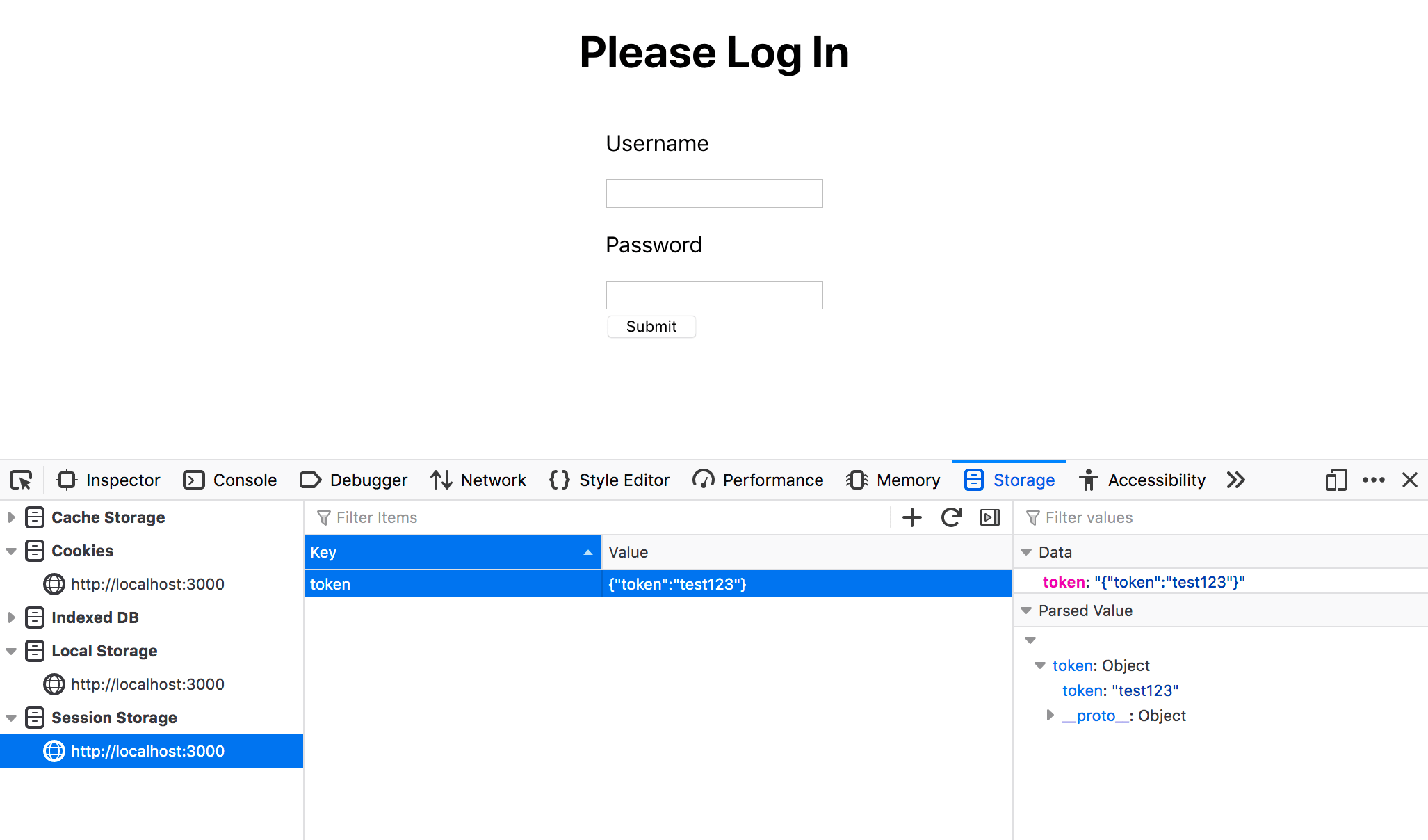 Token in sessionStorage