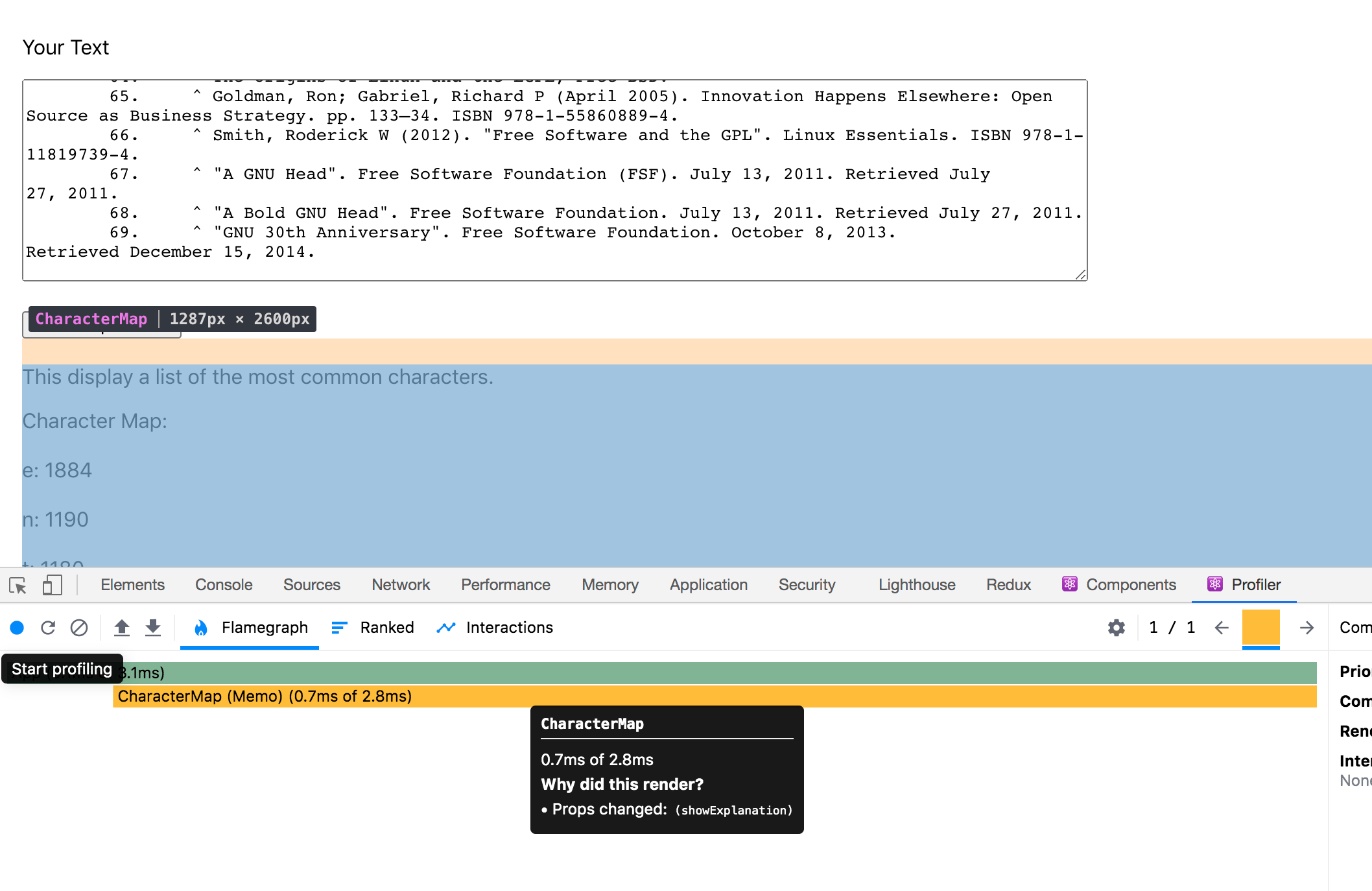 Developer tools profile showing that the component renders in .7ms