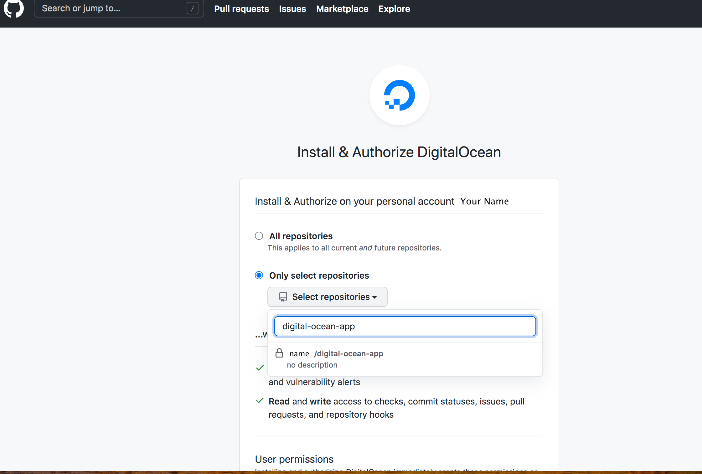 Select a repo on GitHub authorization page