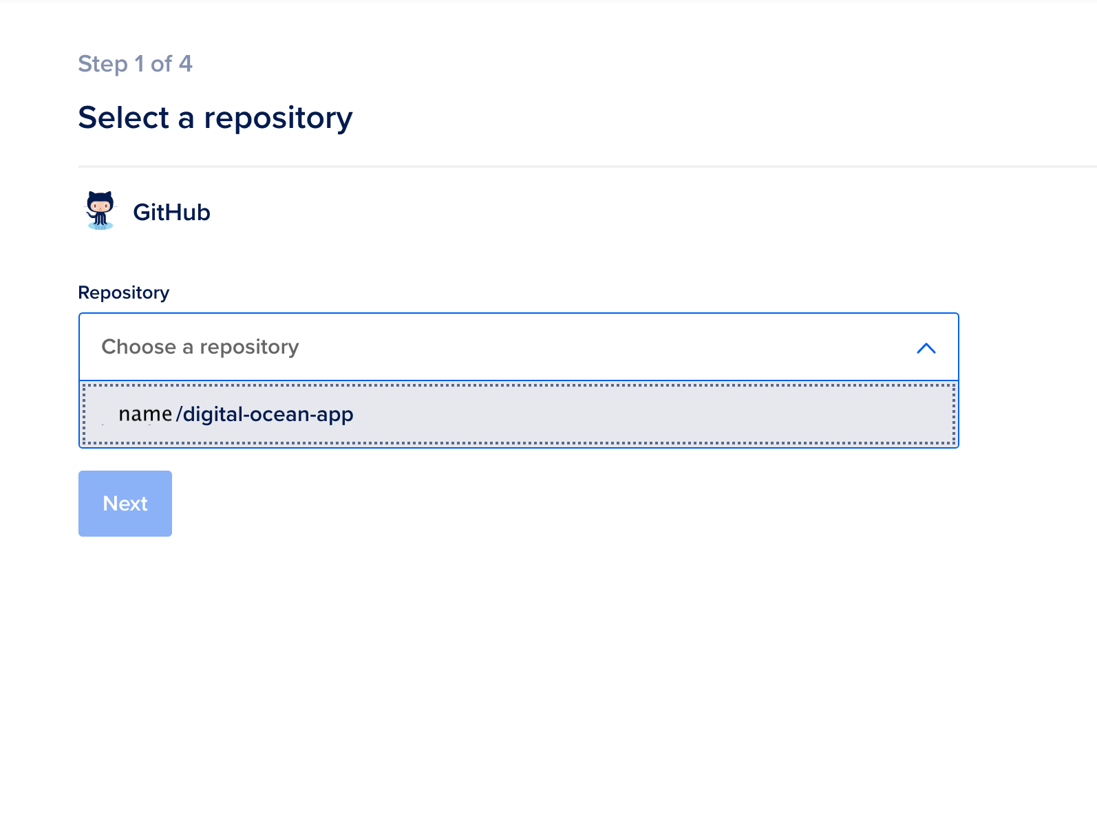 Select repo in the DigitalOcean UI