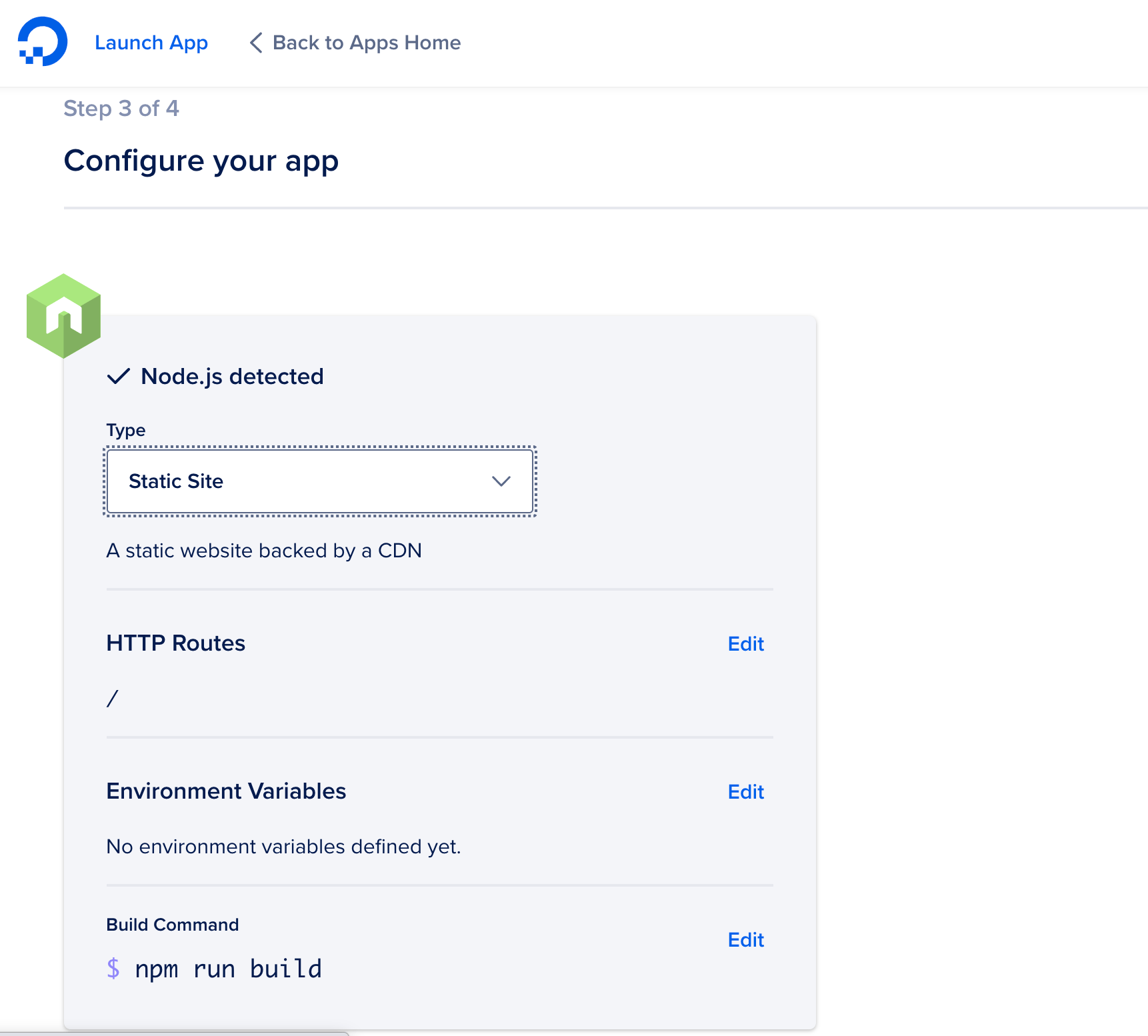 Select Static Site on the app configuration page