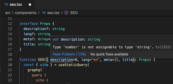 A build-time error in VSCode when the description variable is set to a number.