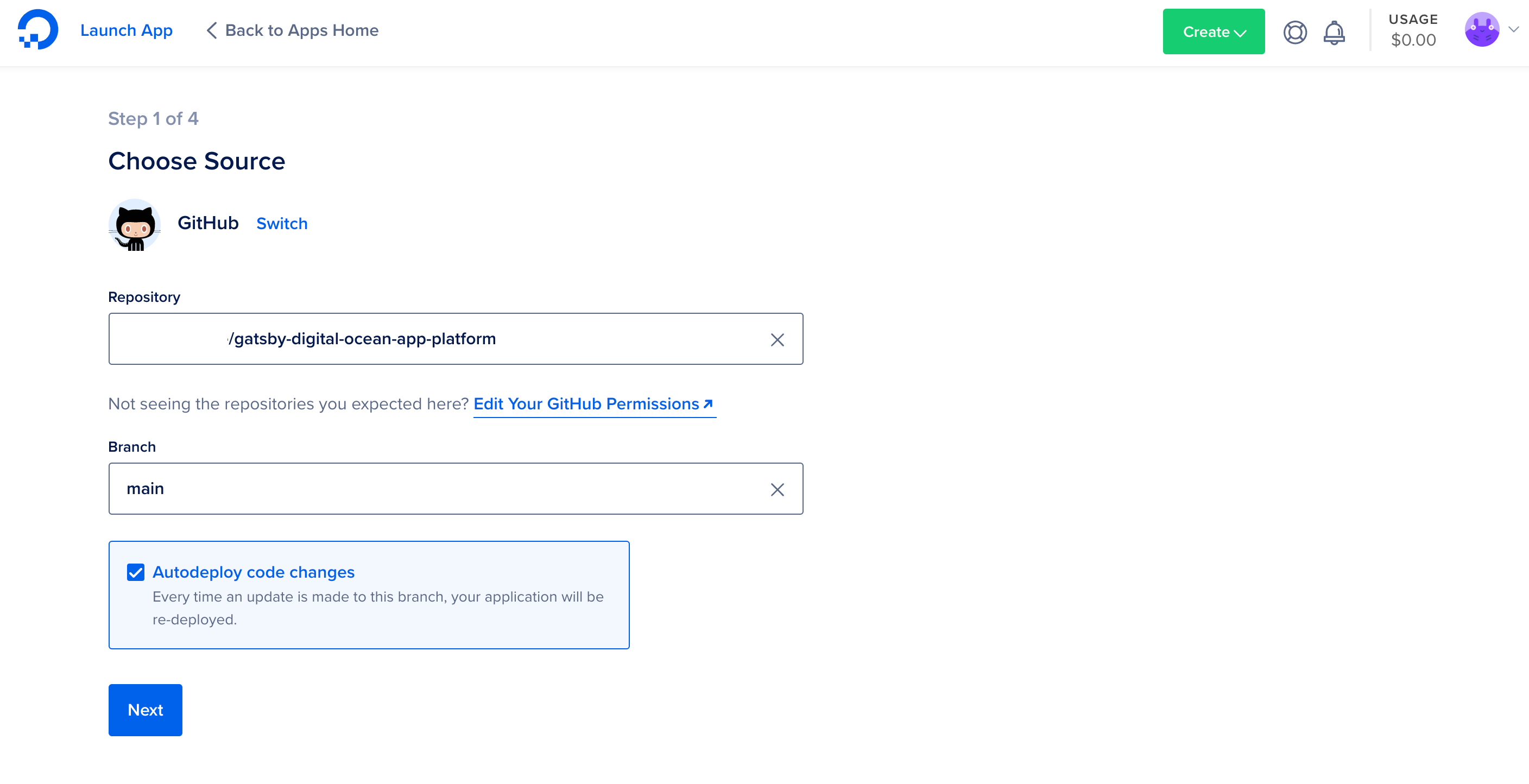 Selecting your GitHub repository on the DigitalOcean website
