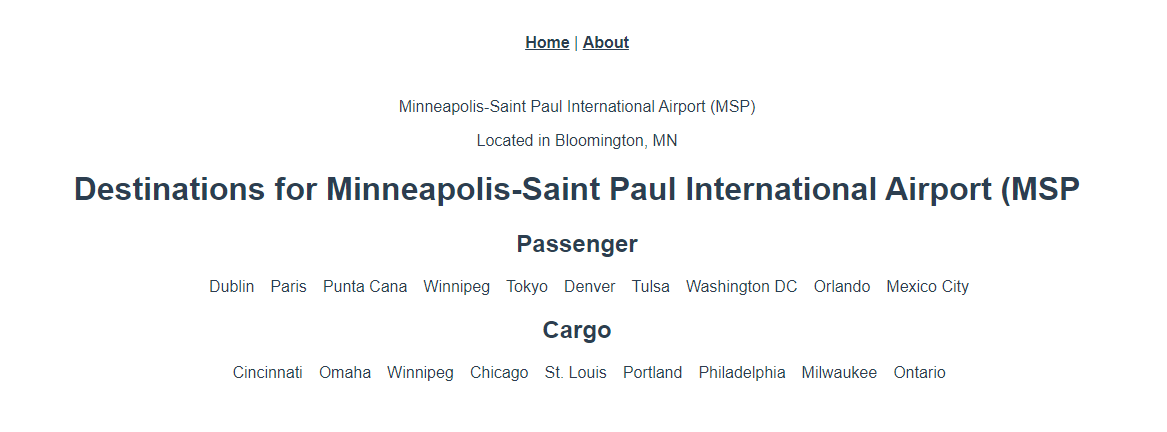 A page rendered with a list of passenger and cargo destinations for Minneapolis-Saint Paul International Airport.