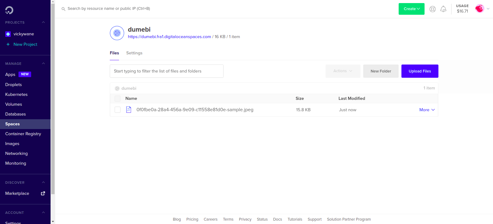 A bucket within Digitalocean showing a list of uploaded files