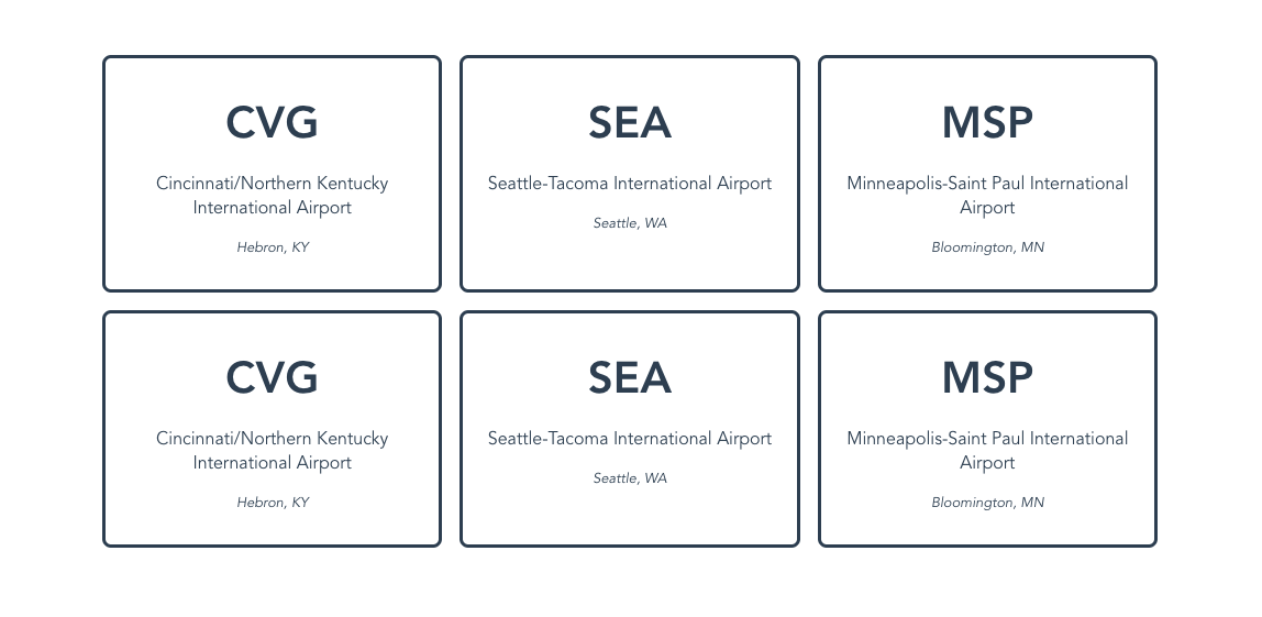 The US airport cards rendered twice in the browser.