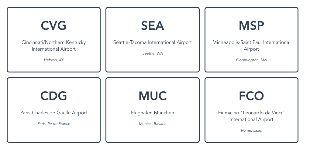 US airport data rendered as cards, followed by European airport data rendered in the same way.