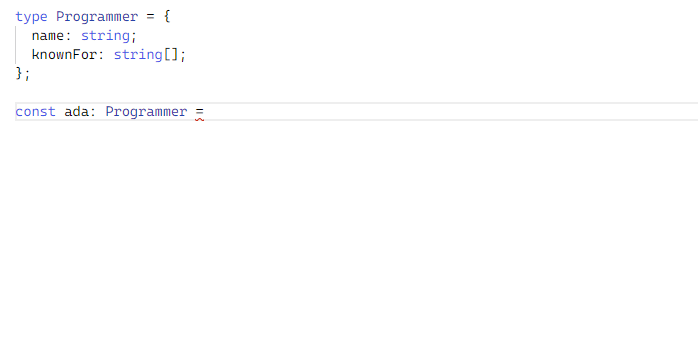 An animation showing suggestions to add the "name" and "knownFor" key to a new instance of the "Programmer" type