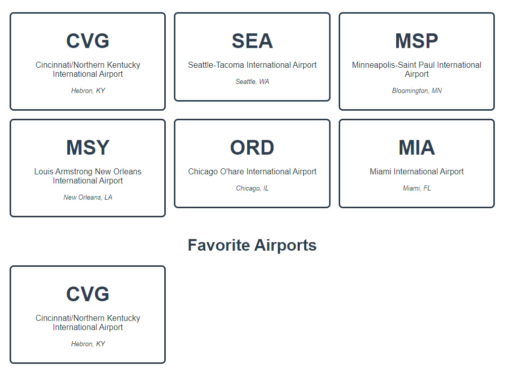 Vue airport app with a list of favorite airports that includes the CVG airport card.