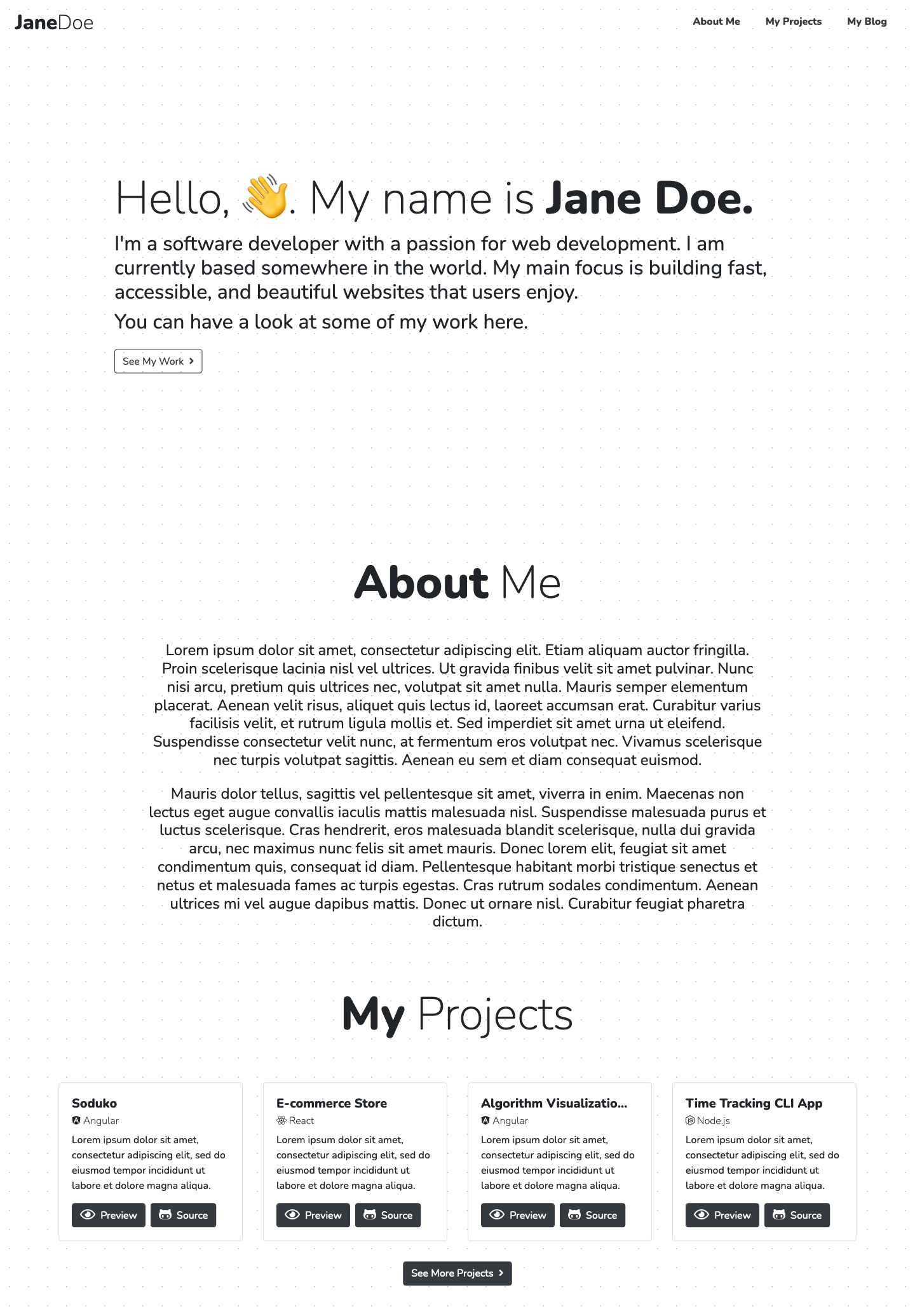 Screenshot of completed portfolio home page