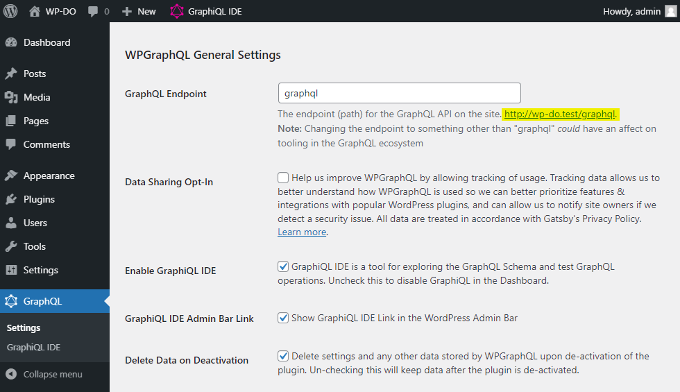 Screenshot of the WPGraphQL settings page, with the GraphQL endpoint URL highlighted. In this example, it is "http://wp-do.test/graphql"