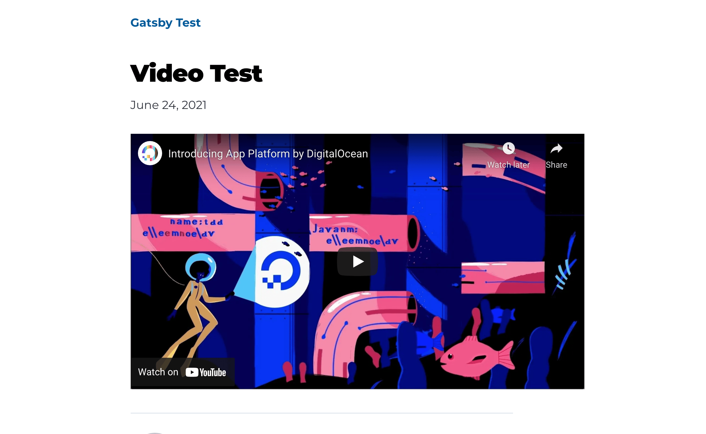 Video blog post with rendered DigitalOcean promotional video on page