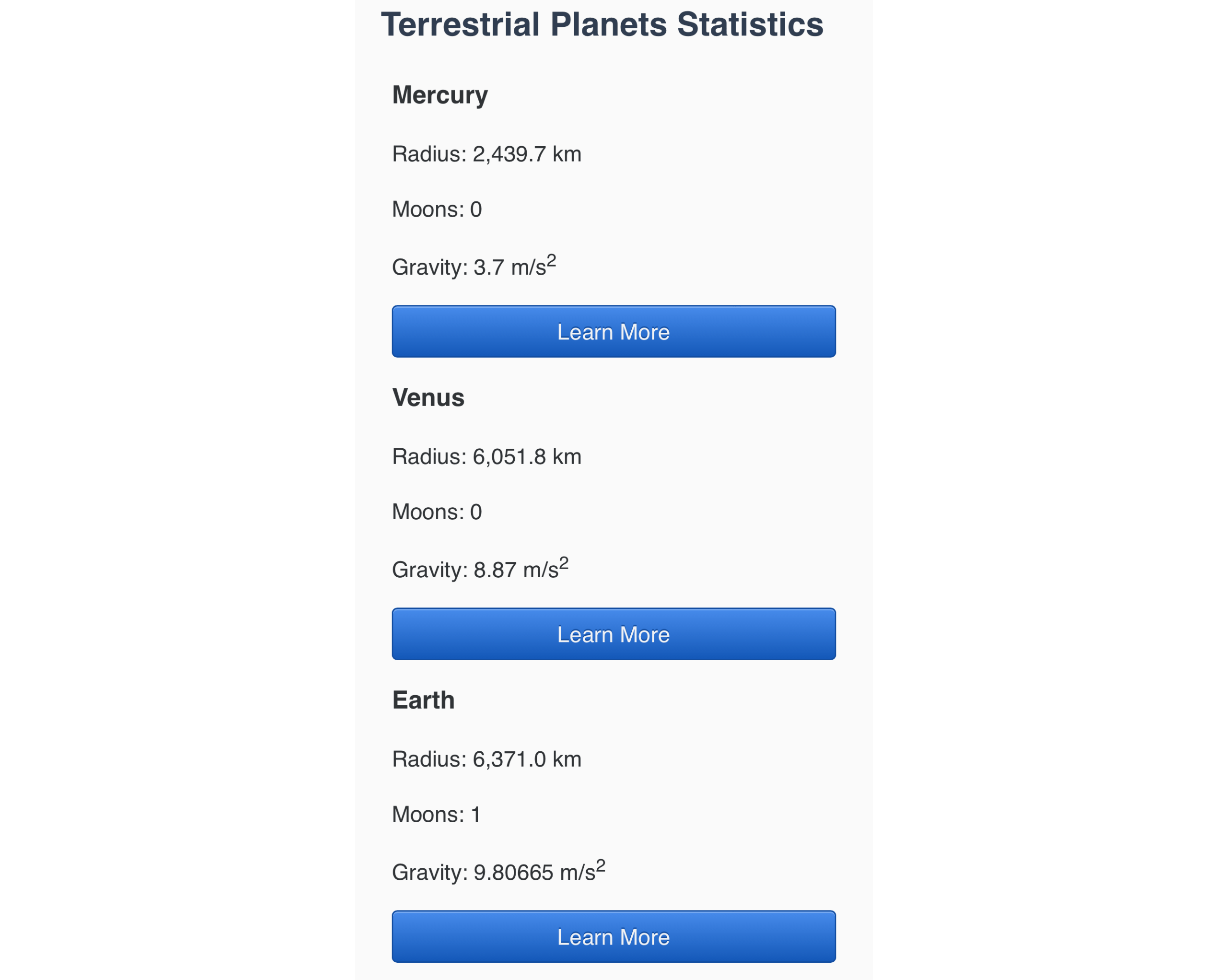 A series of bold heading text with contextual data information and a button for each group.