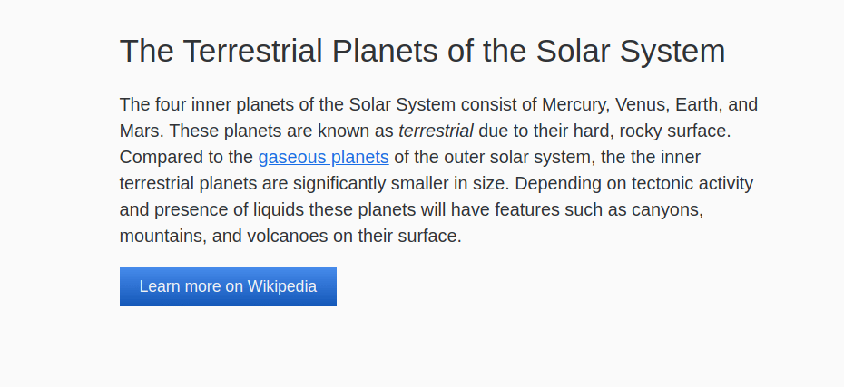 Large header text and smaller paragraph text in a dark blue-gray color on a light gray background with a blue button below the paragraph with white text. The button is only as wide as the text inside the button.