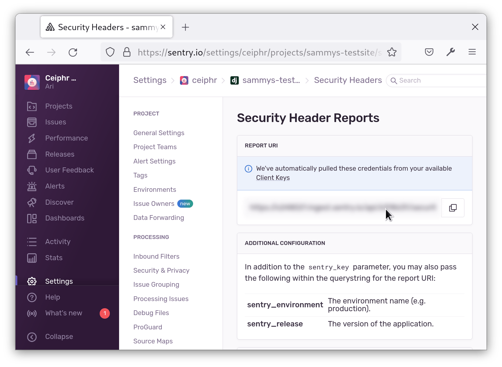 Screenshot showing Sentry UI for copying the report URI in project settings.