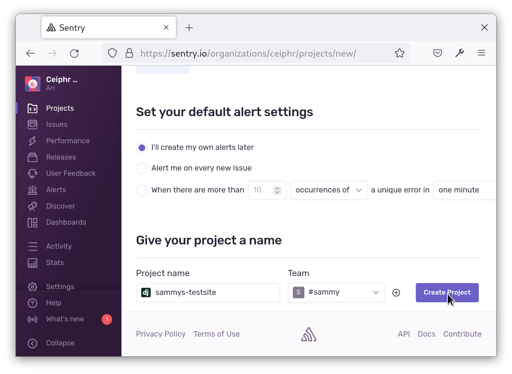 Screenshot showing Sentry UI for creating a new project.