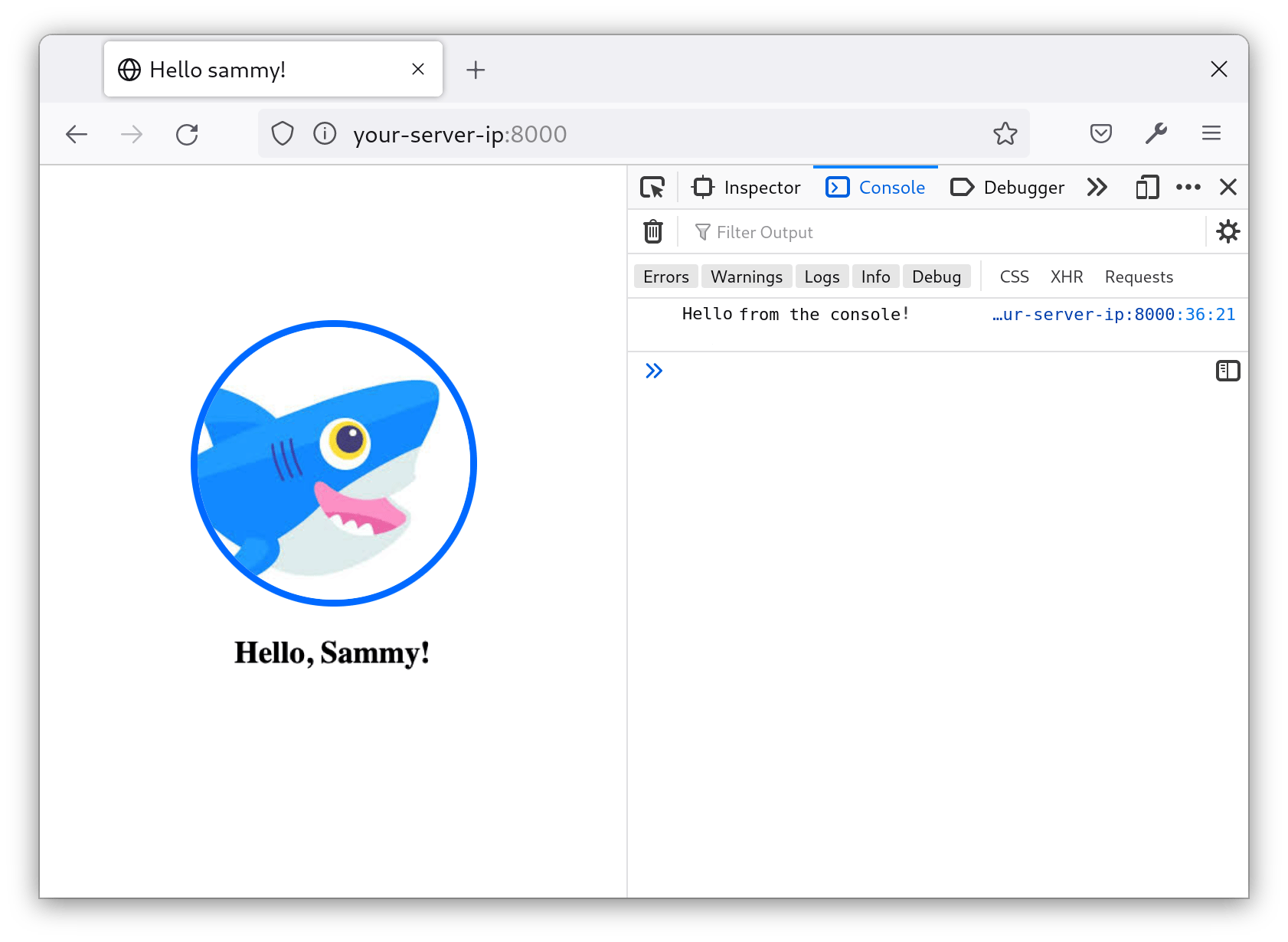 Screenshot showing console message. At left, the image of Sammy appears above the text, "Hello, Sammy!", which appears in default styling (bolded, black text). At right, the console displays the message, "Hello from the console!"