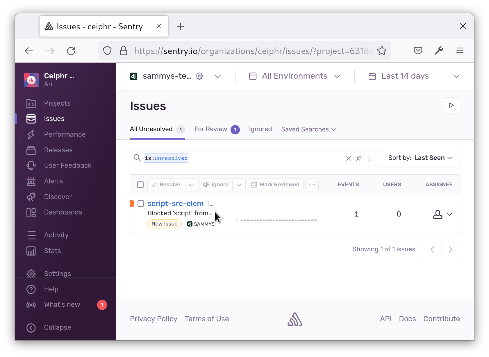 Screenshot showing Sentry UI for error logs.