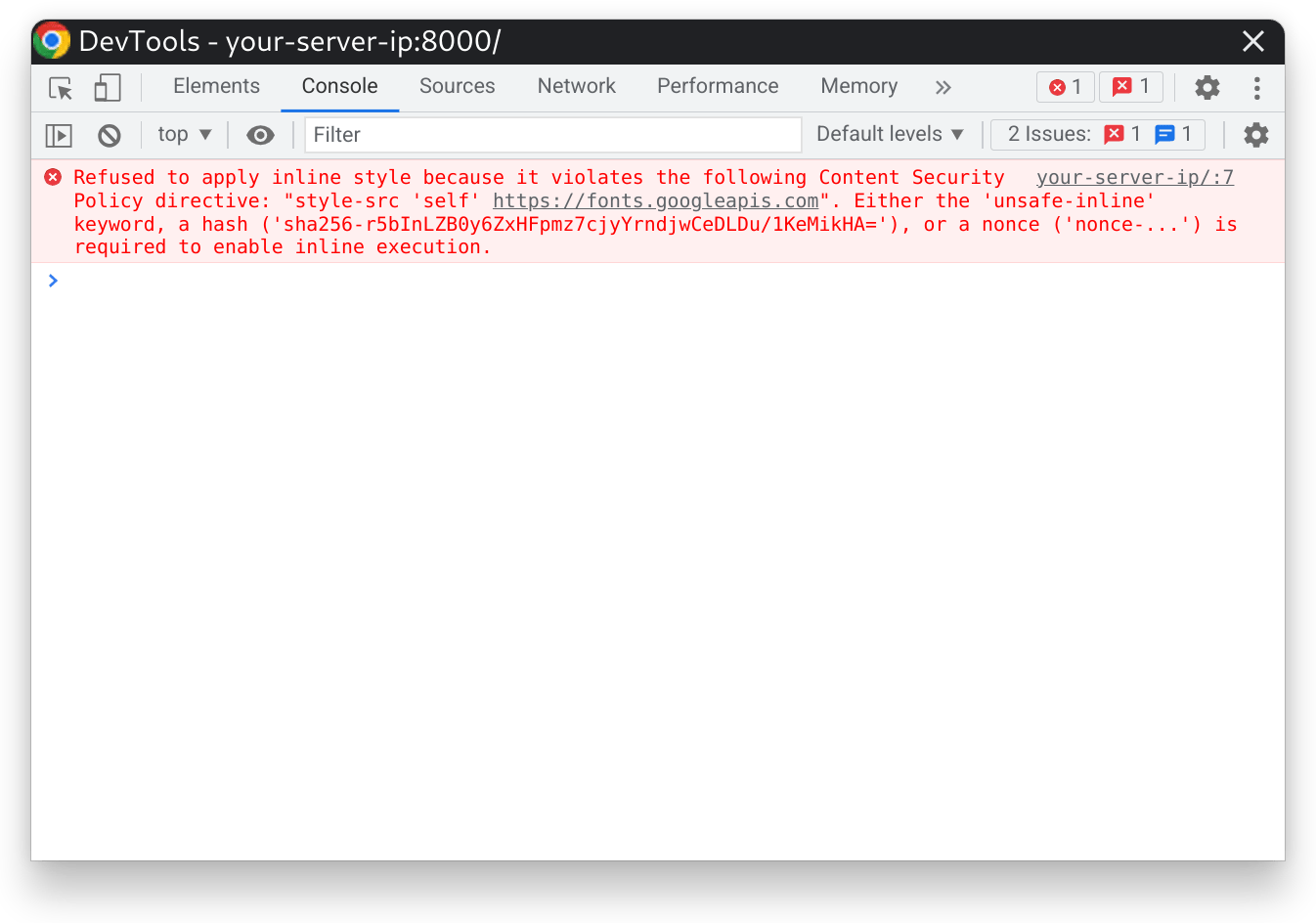 Screenshot of DevTools Error: "Refused to apply inline style because it violates the following Content Security Policy directive: "style-src 'self' https://fonts.googleapis.com". Either the 'unsafe-inline' keyword, a hash, or a nonce is required to enable inline execution."