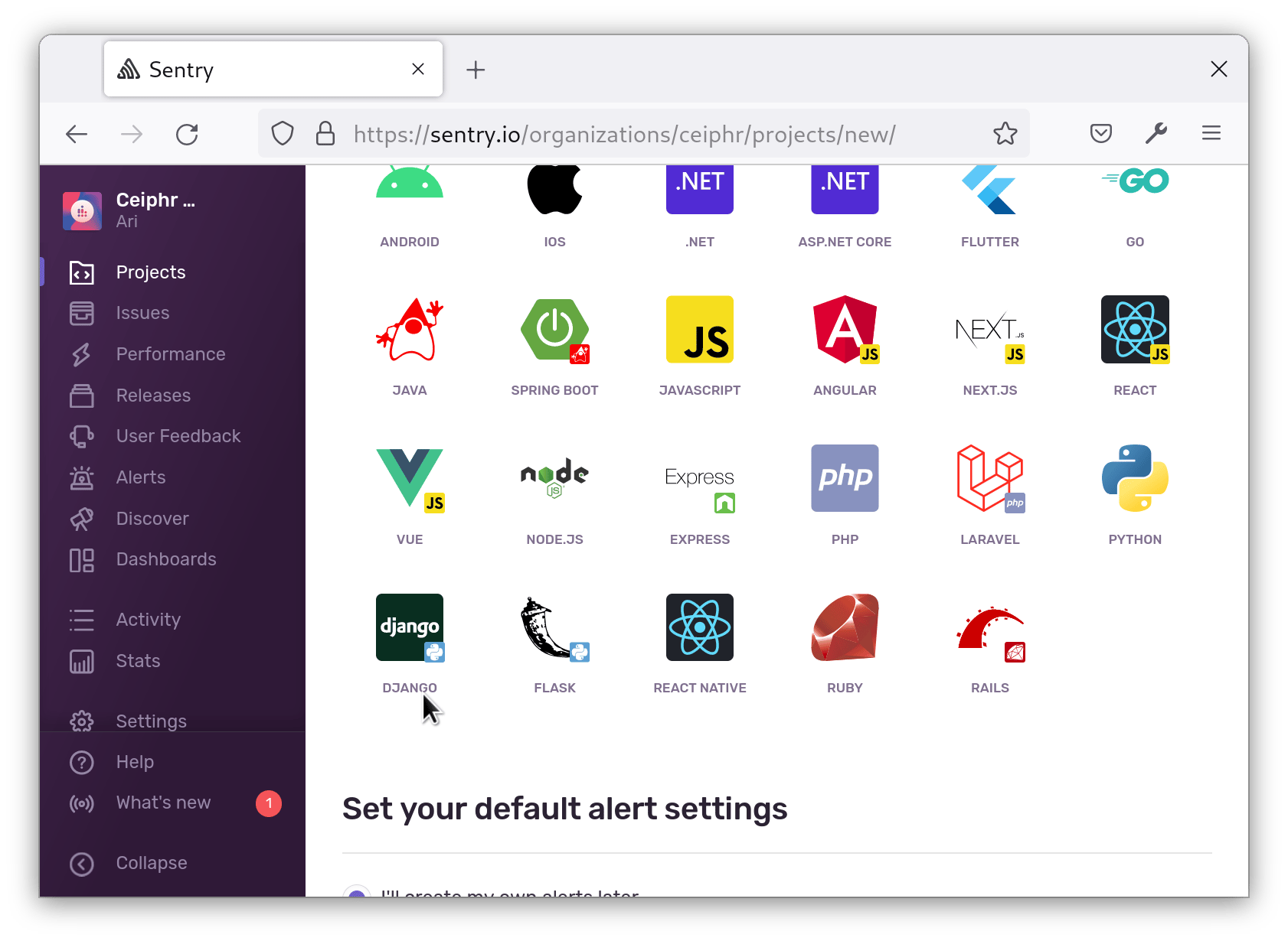 Screenshot showing Sentry UI for selecting a Django project.