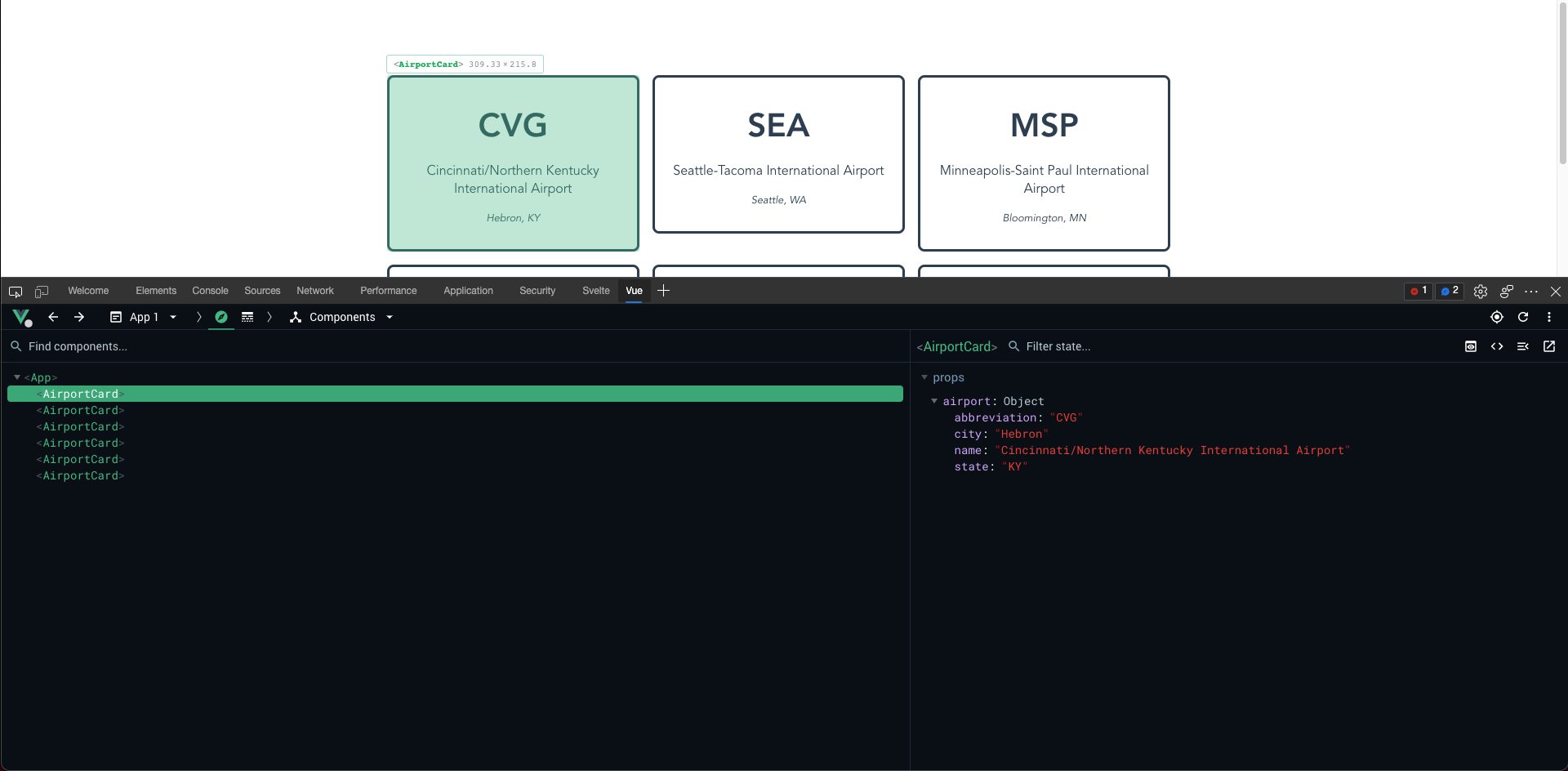 Vue Devtools with the first component selected in the listing view, the component's properties displayed in the detail view, and the component highlighted in the browser display.